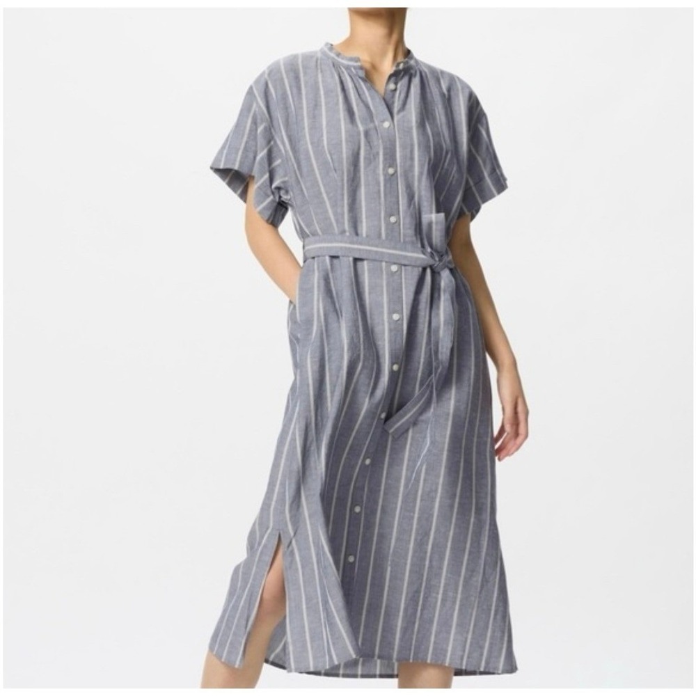 Uniqlo Linen Blend Relaxed Dress Grey Striped Short Sleeve Belted NWT Small